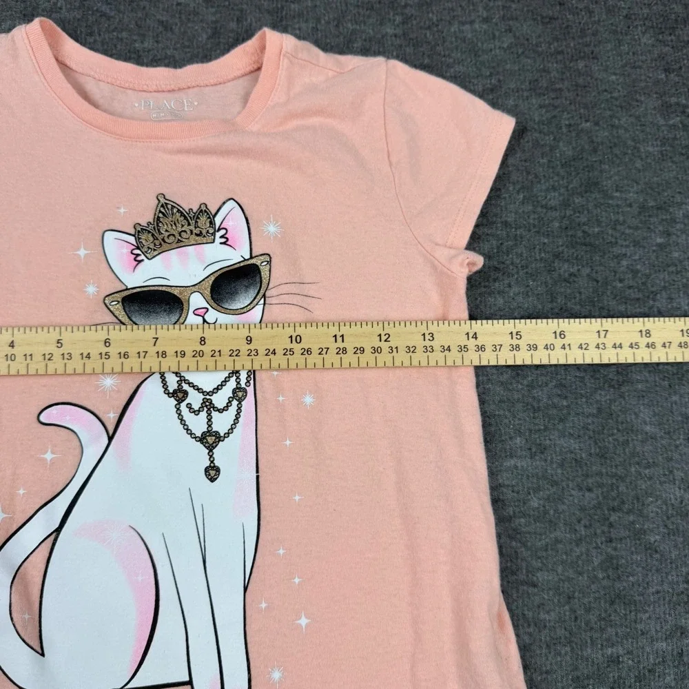 The Children's Place Graphic Tee Kids Size 7/8 Peach Cat Tiara Sunglasses Cotton